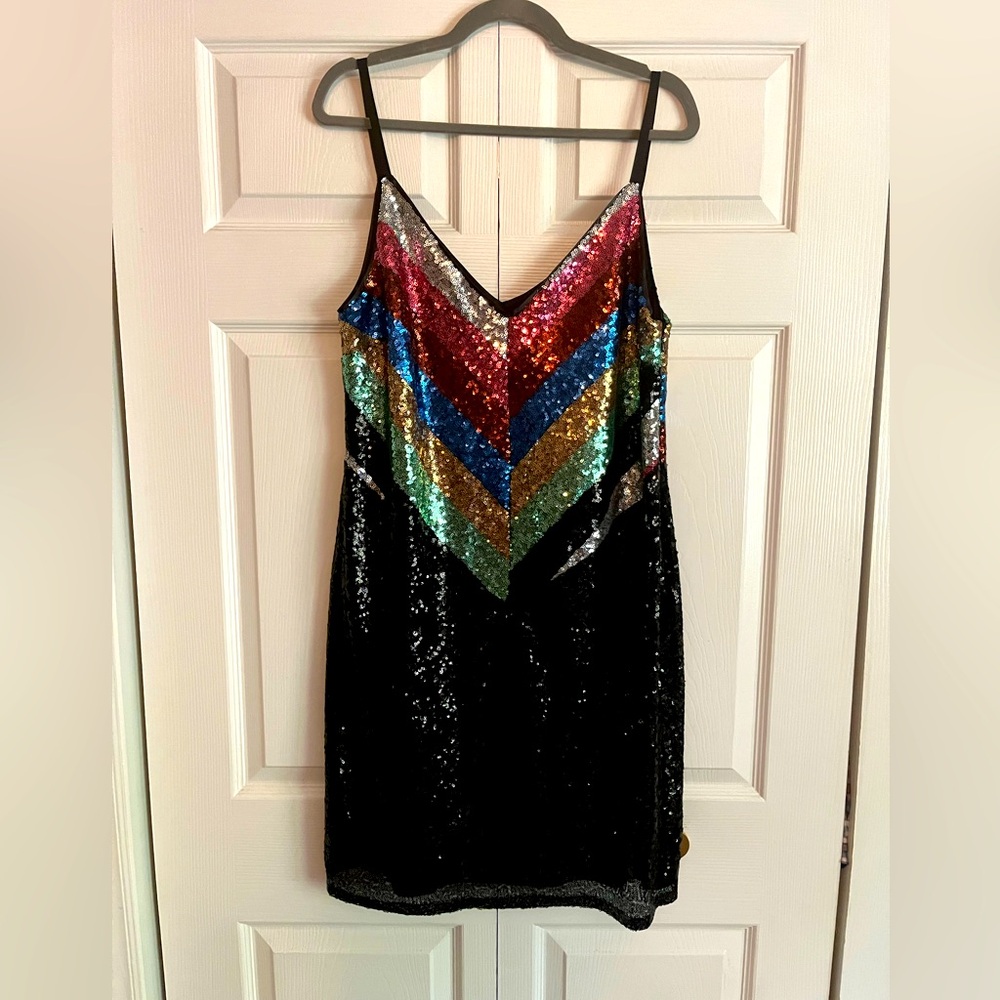 Warehouse from ASOS Rainbow Sequin Spaghetti Strap Dress, women’s size 12.